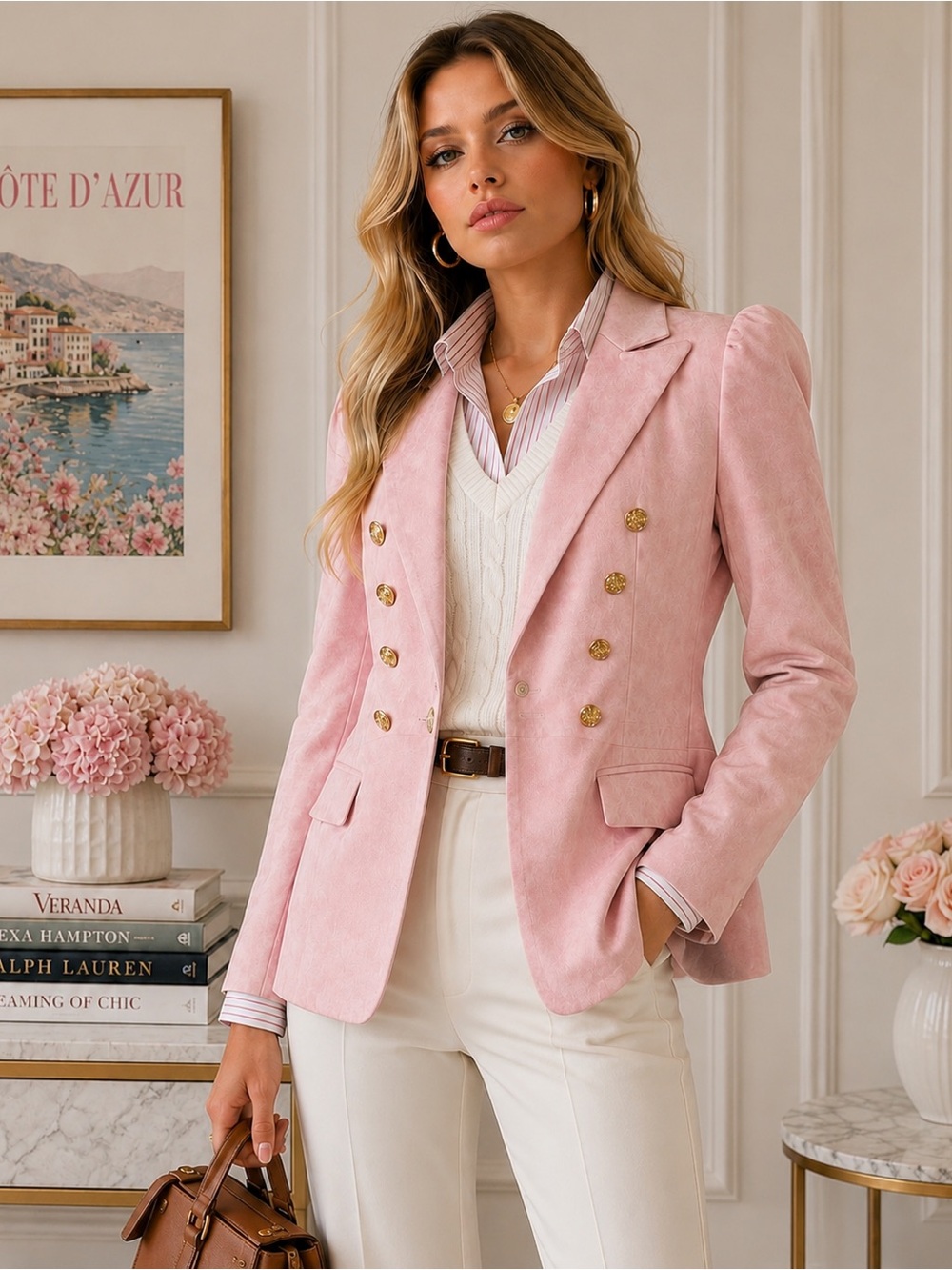 Pink Faux Suede Double-Breasted Soft Tailored Blazer with Gold-Toned Buttons, L